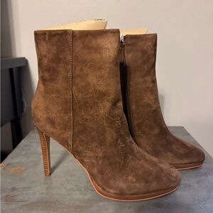 Brown Heeled Boots with High Stiletto Heel and Soft Suede Texture